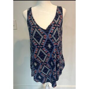 Lemon Tart Womens Tank Top L Blue Geometric Print V Neck Sleeveless